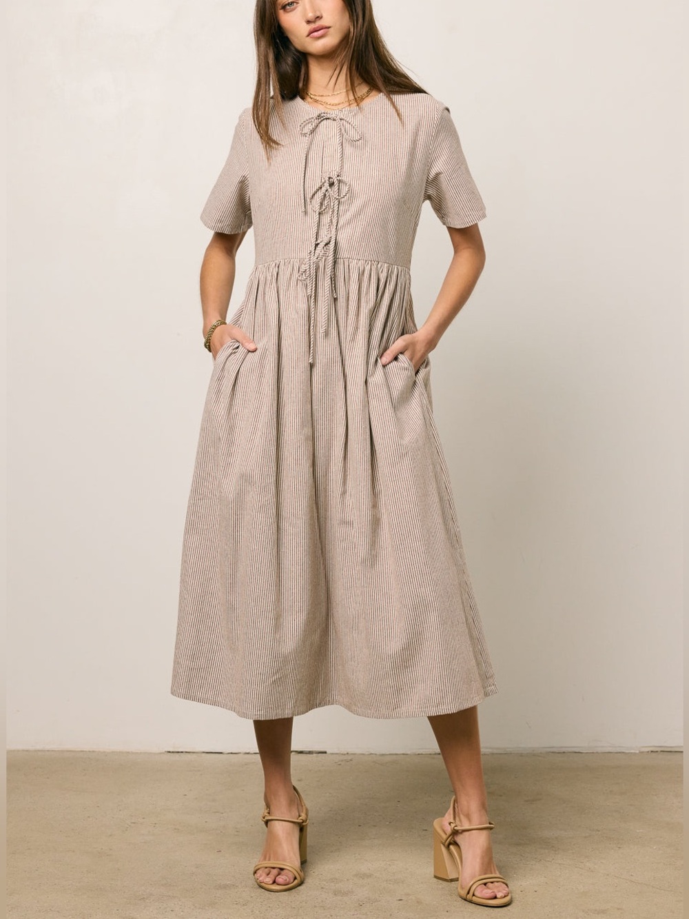 Things Between Brown Stripe Tie-Front Midi Dress